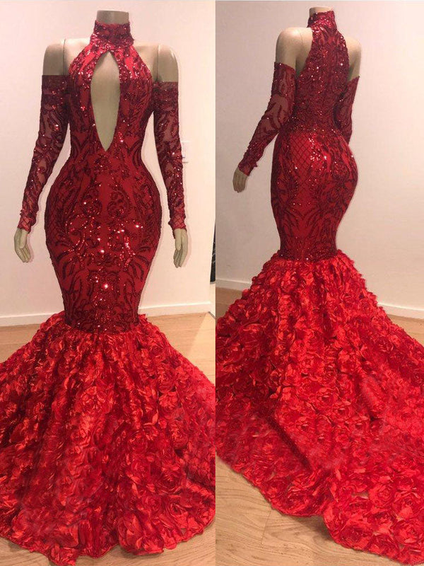 Mermaid Sequins Long Sleeves High Collar Burgundy Prom Dress UK-ballbellauk