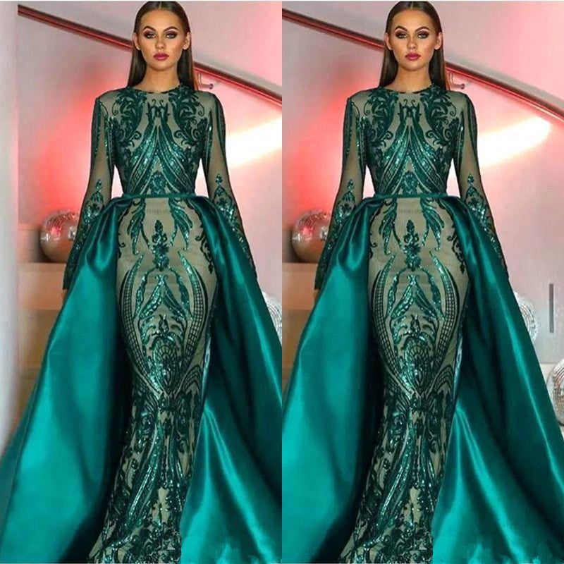 Mermaid Sequins Prom Dress UK - Emerald Green Long Sleeves & Detachable Skirt-ballbellauk