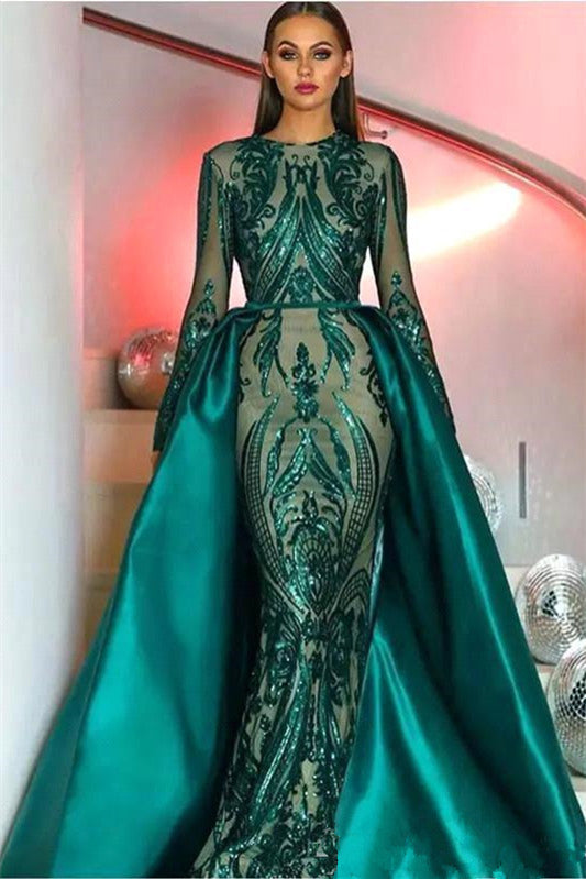 Mermaid Sequins Prom Dress UK - Emerald Green Long Sleeves & Detachable Skirt-ballbellauk