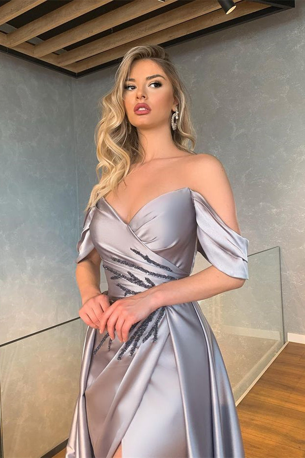 Mermaid Silver Off-the-Shoulder Prom Dress UK With Slit-ballbellauk