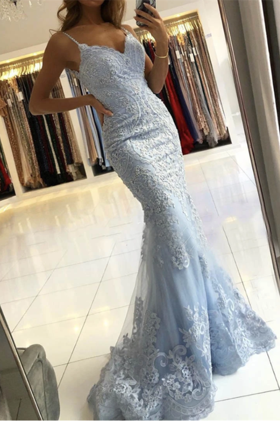 Mermaid Sky Blue Evening Dress with Spaghetti-Straps-ballbellauk