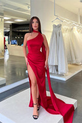 Mermaid Slit Long Prom Dress UK with Ruffles - Red High Collar-ballbellauk