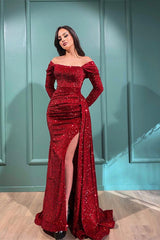 Mermaid Split Prom Dress UK in Burgundy with Detachable Ruffles-ballbellauk