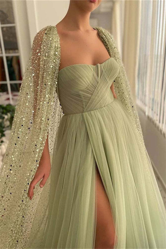 Mermaid Strapless Lace Sequins Sleeveless Long With Shawl High Split Formal Wears-ballbellauk