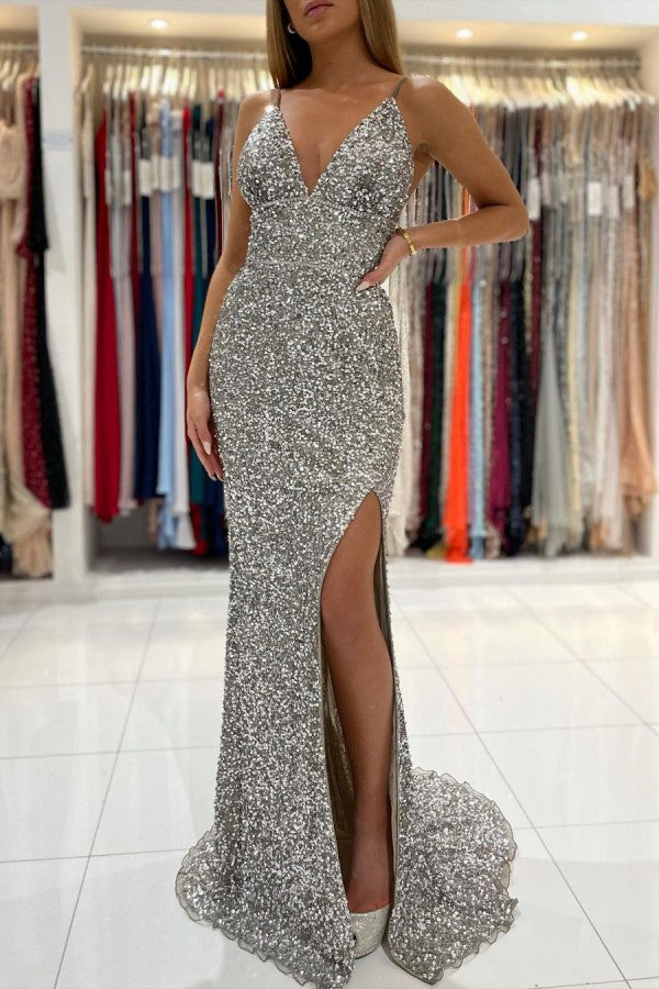 Mermaid V-Neck Prom Dress UK With Slit-ballbellauk