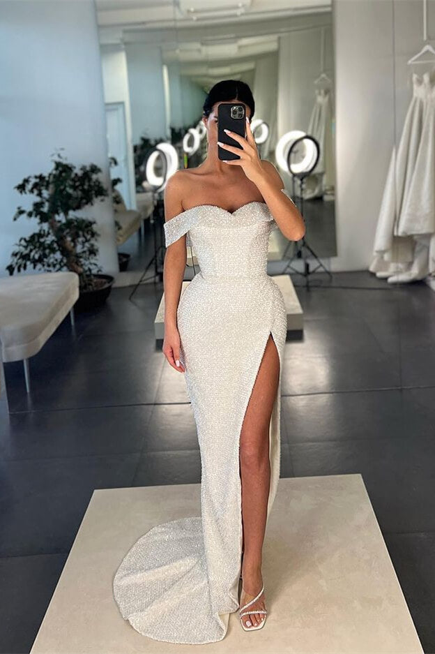 Mermaid White Off-the-Shoulder Sequins Slit Prom Dress UK-ballbellauk