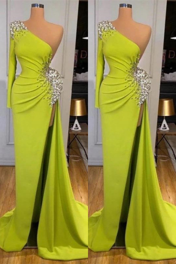 Mermaid Yellow Green Long Sleeves Prom Dress UK with Beads for a Splendid Look-ballbellauk