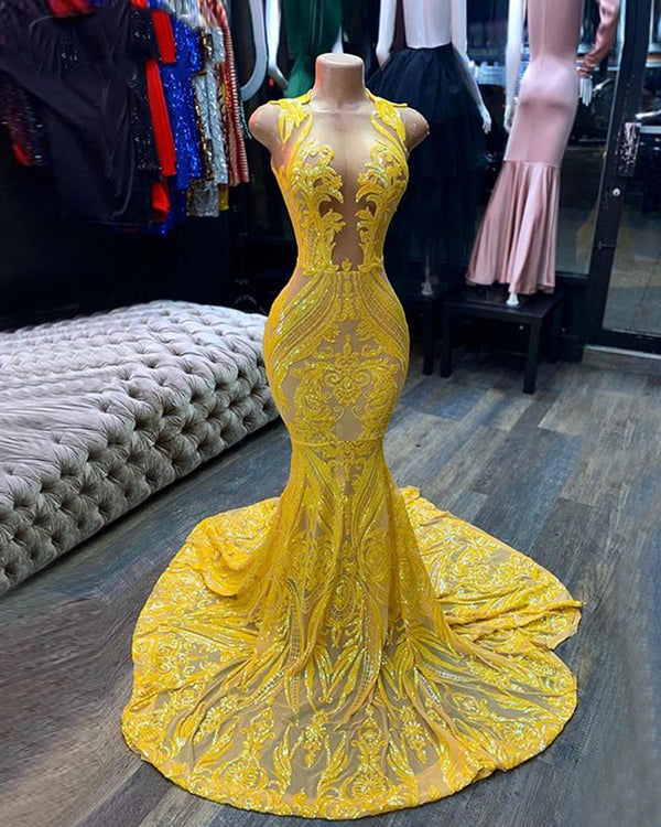 Mermaid Yellow Sequins Prom Dress UK with Sleeveless Design-ballbellauk