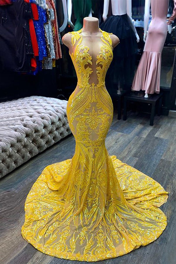 Mermaid Yellow Sequins Prom Dress UK with Sleeveless Design-ballbellauk