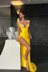 Mermaid Yellow Sequins Straps Prom Dress UK With Slit-ballbellauk