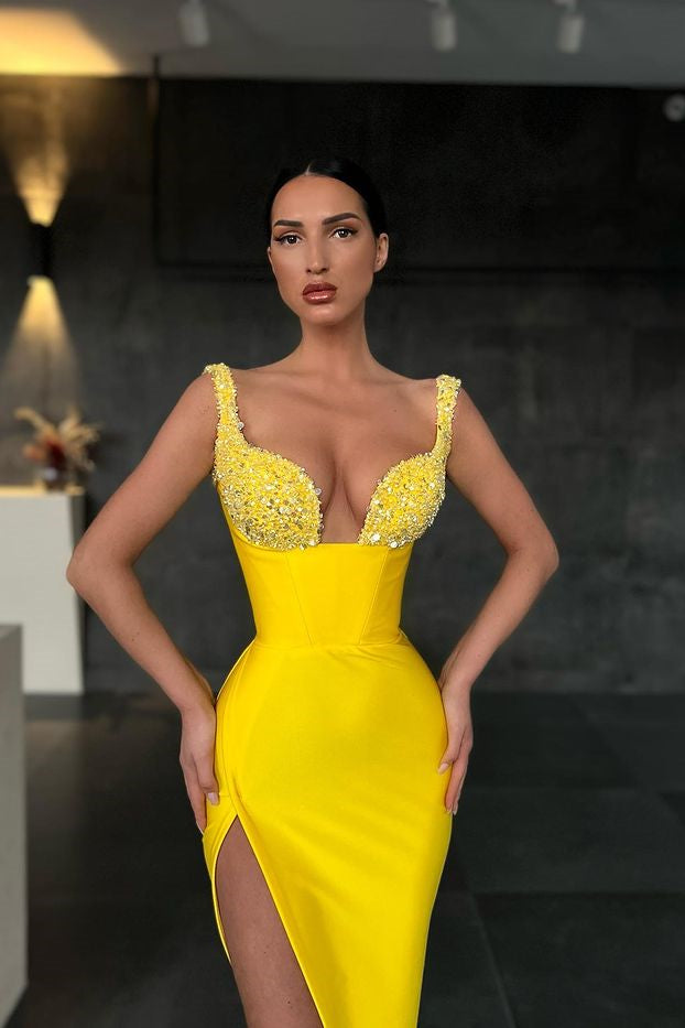 Mermaid Yellow Sequins Straps Prom Dress UK With Slit-ballbellauk