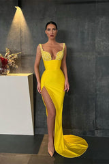 Mermaid Yellow Sequins Straps Prom Dress UK With Slit-ballbellauk