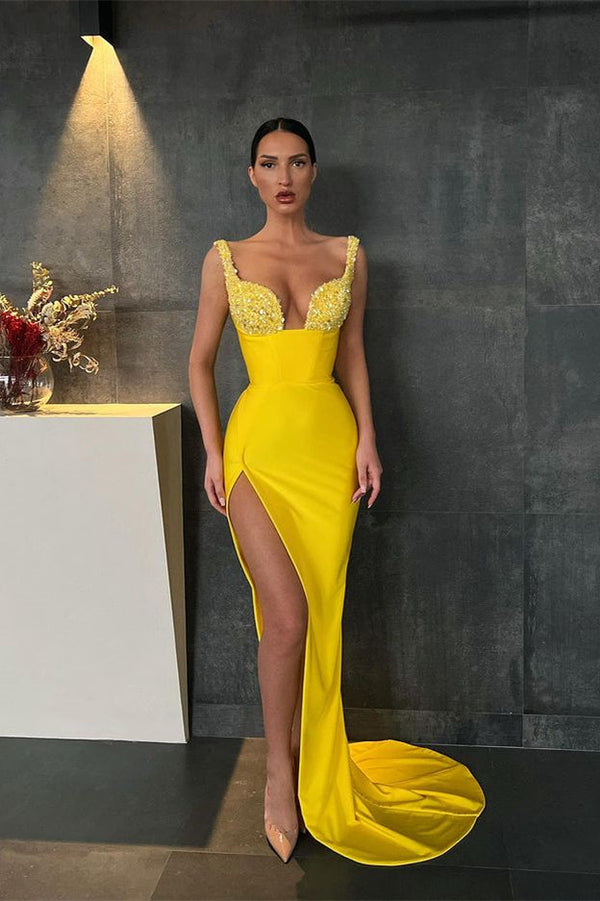 Mermaid Yellow Sequins Straps Prom Dress UK With Slit-ballbellauk