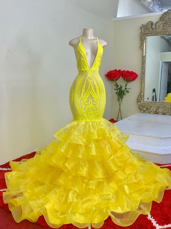 Mermid Yellow Ruffled Lace Spaghetti-Straps Prom Dress UK-ballbellauk