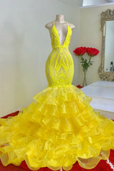 Mermid Yellow Ruffled Lace Spaghetti-Straps Prom Dress UK-ballbellauk