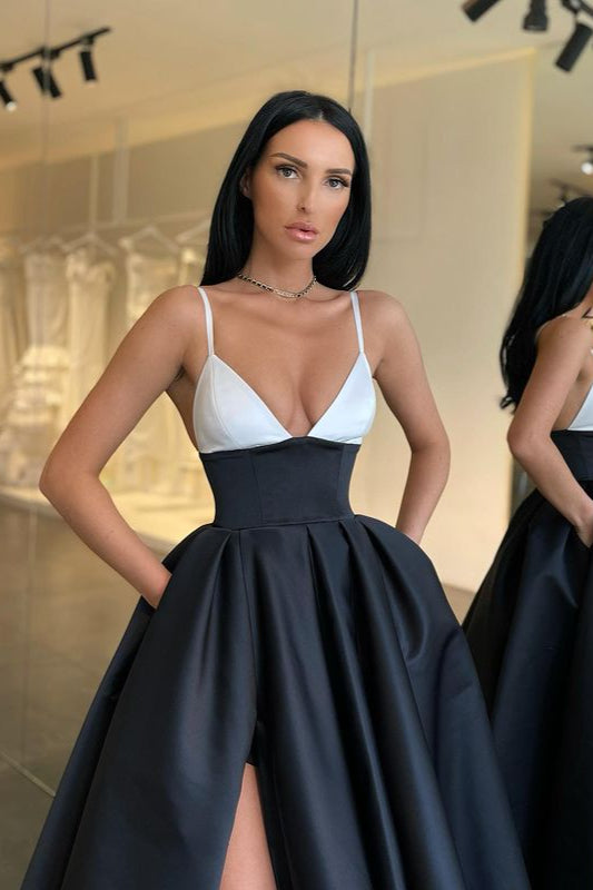 Modern Black and White Prom Dress Long Split Spaghetti-Straps-ballbellauk