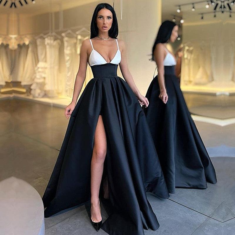 Modern Black and White Prom Dress Long Split Spaghetti-Straps-ballbellauk