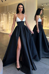 Modern Black and White Prom Dress Long Split Spaghetti-Straps-ballbellauk