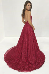 Modern Burgundy V-Neck Lace Prom Dress UK-ballbellauk