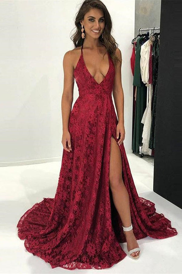 Modern Burgundy V-Neck Lace Prom Dress UK-ballbellauk