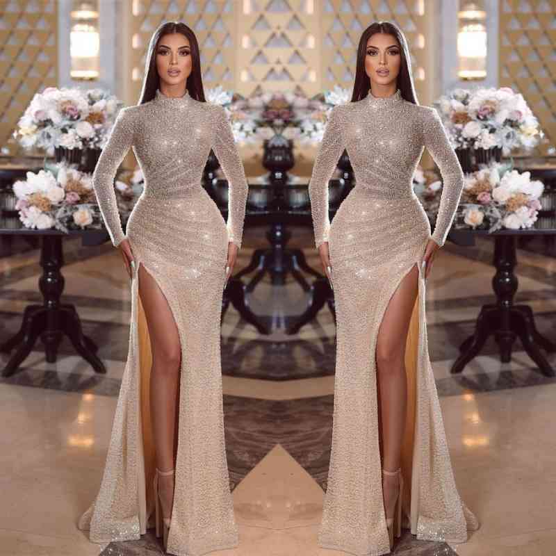 Modern High Neck Long Sleeves Formal Wears Mermaid Sequins With Slit-ballbellauk