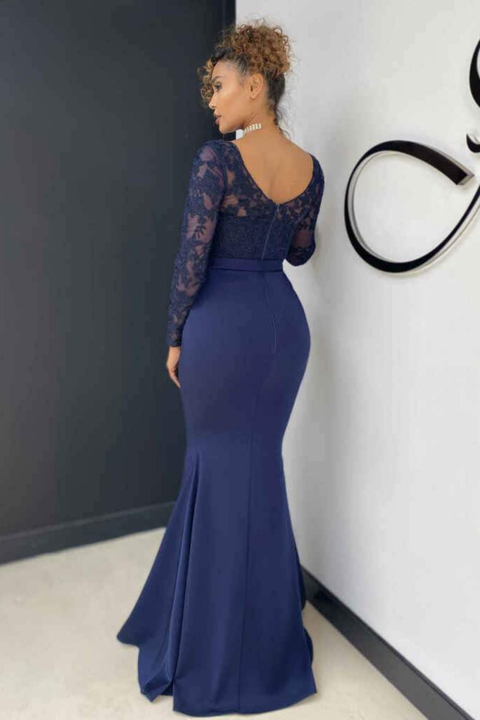 Modern Lace Evening Dress Mermaid V-Neck On Sale Long Sleeve-ballbellauk