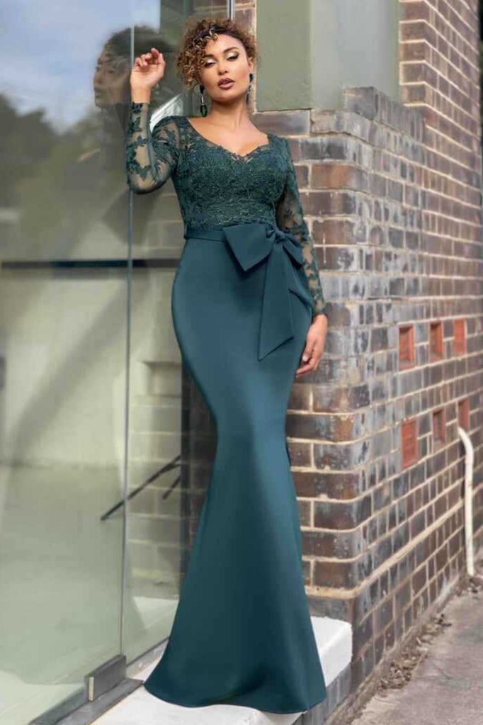 Modern Lace Evening Dress Mermaid V-Neck On Sale Long Sleeve-ballbellauk