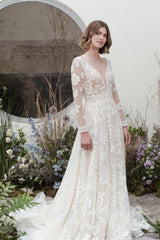 Modern Long A-Line V-neck Lace Wedding Dresses With Long Sleeves-ballbellauk