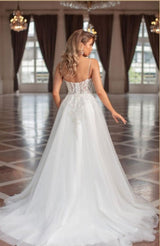 Modern Long A-line V-neck Tulle Sleeveless Wedding Dresses With Lace-ballbellauk