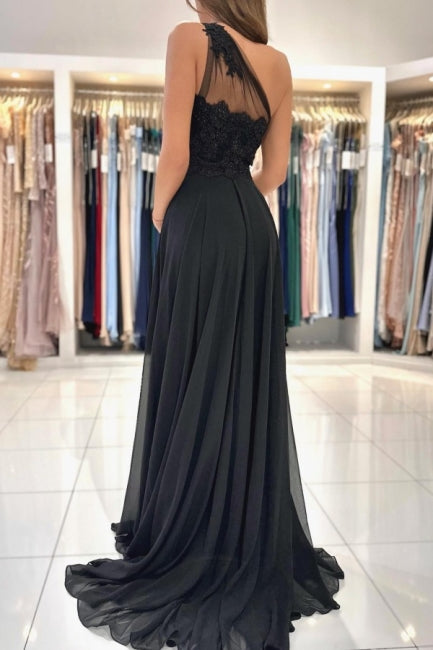 Modern Long Black Evening Gown One Shoulder Lace Ball Dresses With Split Online-ballbellauk