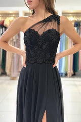 Modern Long Black Evening Gown One Shoulder Lace Ball Dresses With Split Online-ballbellauk