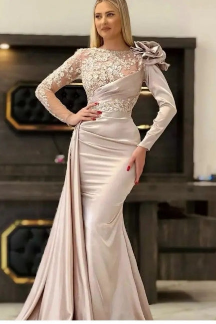 Modern Long Champagne Mermaid Lace Evening Gown With Long Sleeves-ballbellauk