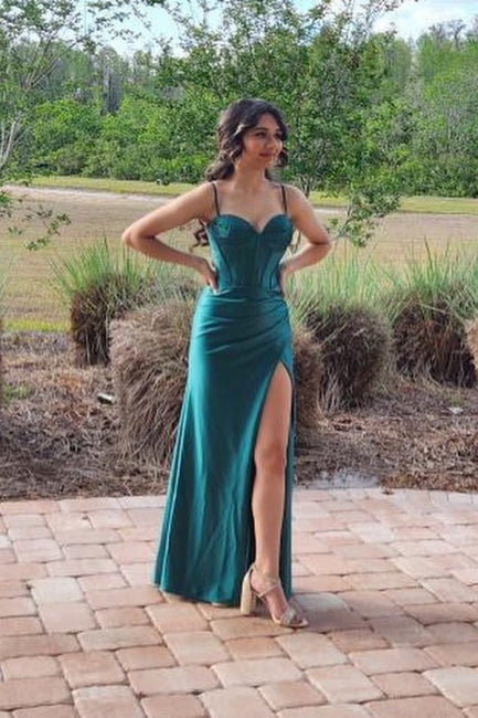 Modern Long Dark Green Sleeveless Spaghetti Straps Ball Dresses With Split Online-ballbellauk