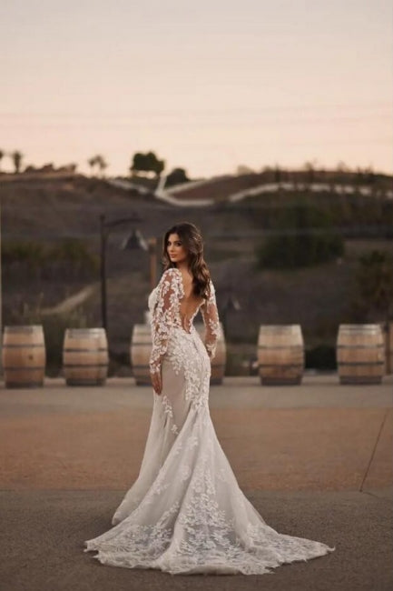 Modern Long Mermaid Lace Wedding Dresses With Long Sleeves-ballbellauk