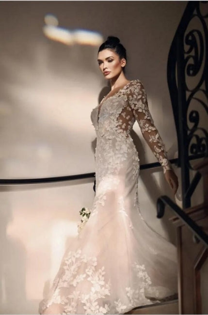 Modern Long Mermaid Lace Wedding Dresses With Long Sleeves-ballbellauk