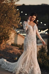 Modern Long Mermaid Lace Wedding Dresses With Long Sleeves-ballbellauk