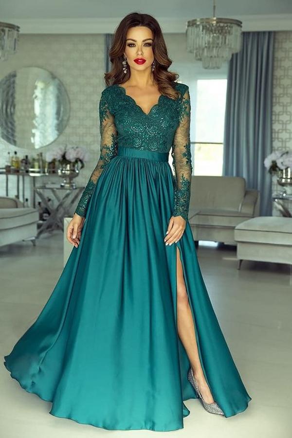 Modern Prom Dress Lace Appliques Ball Dresses With Split Long Sleeve-ballbellauk