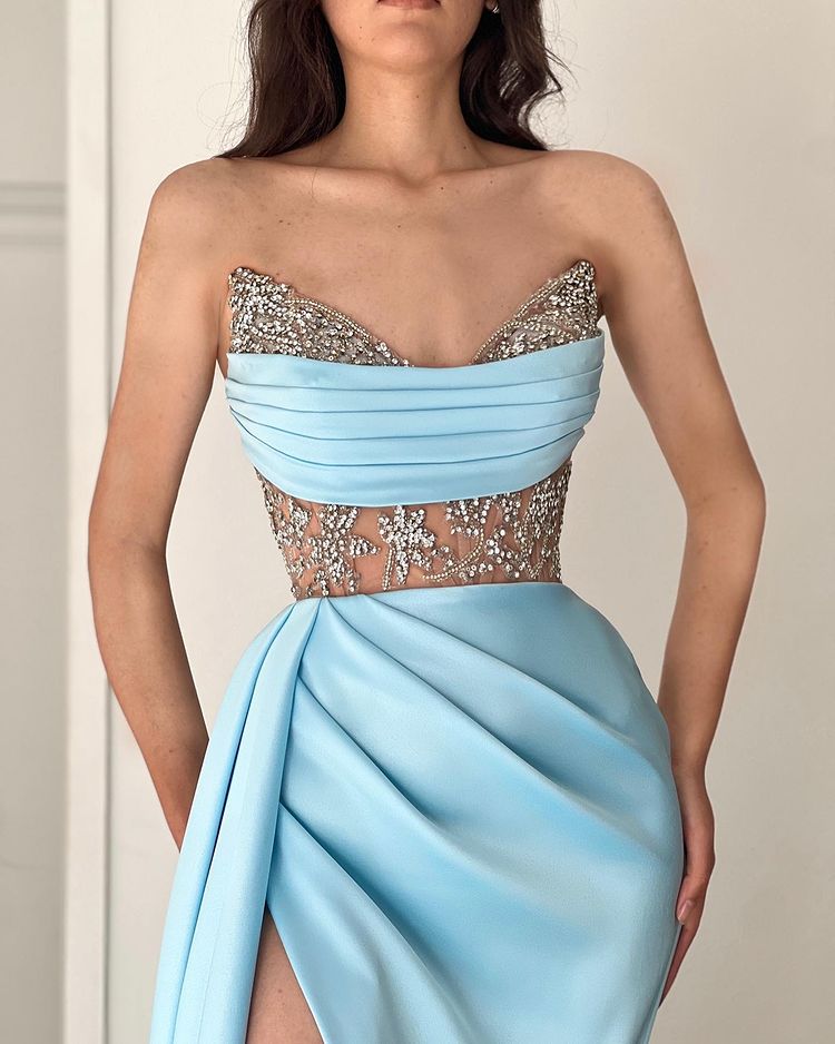 Modern Sky Blue Strapless Mermaid Prom Dress UK with Beads-ballbellauk