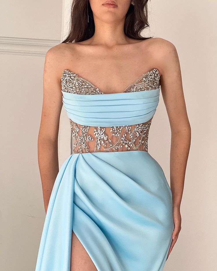 Modern Sky Blue Strapless Mermaid Prom Dress UK with Beads-ballbellauk