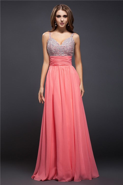 Modern Spaghetti-Straps Beading Sleeveless Long Evening Dress Chiffon-ballbellauk