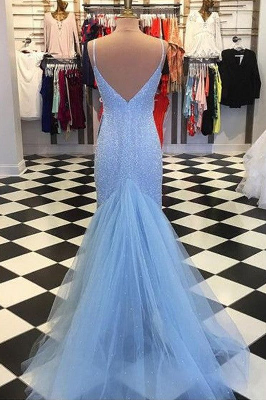 Modern Spaghetti-Straps Sleeveless Tulle Sequin Prom Dress-ballbellauk