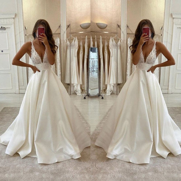 Modern V-Neck Long Wedding Dress A-Line Bridal Gown Sleeveless-ballbellauk