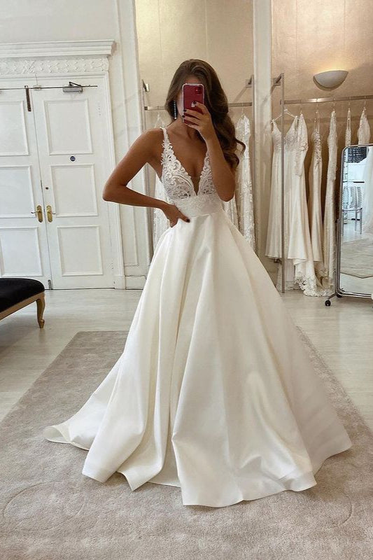 Modern V-Neck Long Wedding Dress A-Line Bridal Gown Sleeveless-ballbellauk