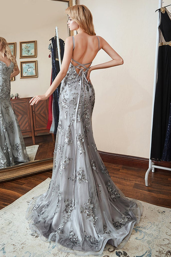 Modern V-Neck Mermaid Prom Dress UK with Silver Appliques-ballbellauk