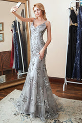 Modern V-Neck Mermaid Prom Dress UK with Silver Appliques-ballbellauk