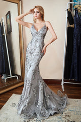 Modern V-Neck Mermaid Prom Dress UK with Silver Appliques-ballbellauk