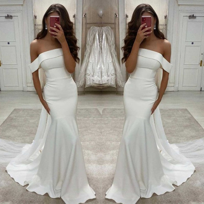 Modern White Mermaid Wedding Dress On Sale Off-the-Shoulder-ballbellauk