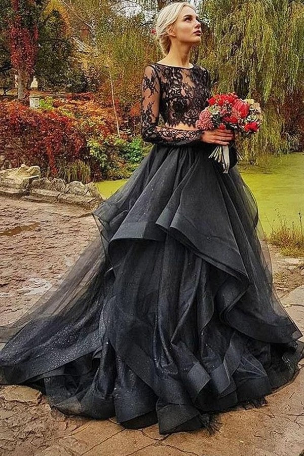 Modest Black Two Pieces Wedding Dress UK with Sleeves and Tulle Lace-ballbellauk