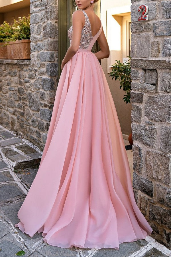 Modest Long Pink V-Neck Long Glitter Sleeveless Prom Dress With Slit-ballbellauk