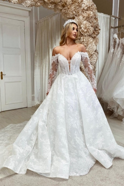 Modest Sweetheart Long Sleevess Long Lace Bridal Gowns On Sale-ballbellauk